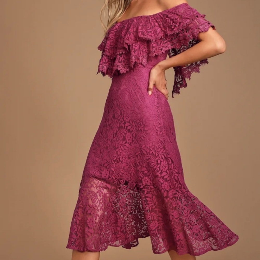 *New Lulu's Jaclyn Magenta Lace Off The Shoulder Midi Dress Size Medium